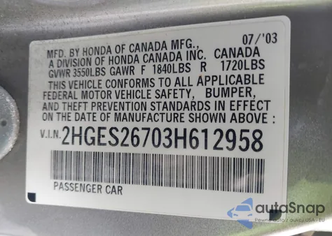 2003 Honda Civic Ex z USA, uszkodzony, nr VIN 2HGES26703H612958